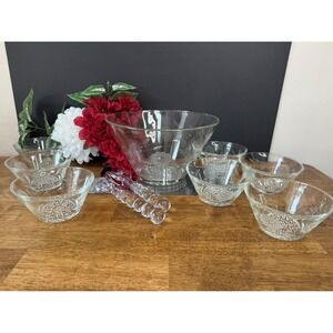 Vintage W.J. Hughes Cornflower Etched Glass Salad Bowl Set with Serving Utensils